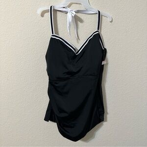 Tropical Escape Tankini Top Black White Trim Halter Neck Tie Swimsuit Top NWT
